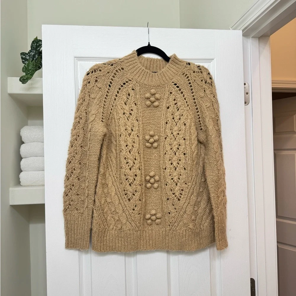J.Crew Cable Knit Pointelle Sweater With Popcorn Flowers Size XS